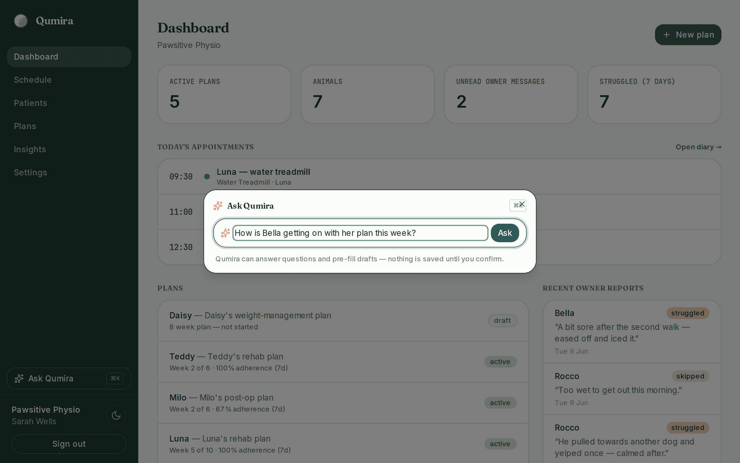The in-case chat used to adjust the plan and discuss logged reps and video