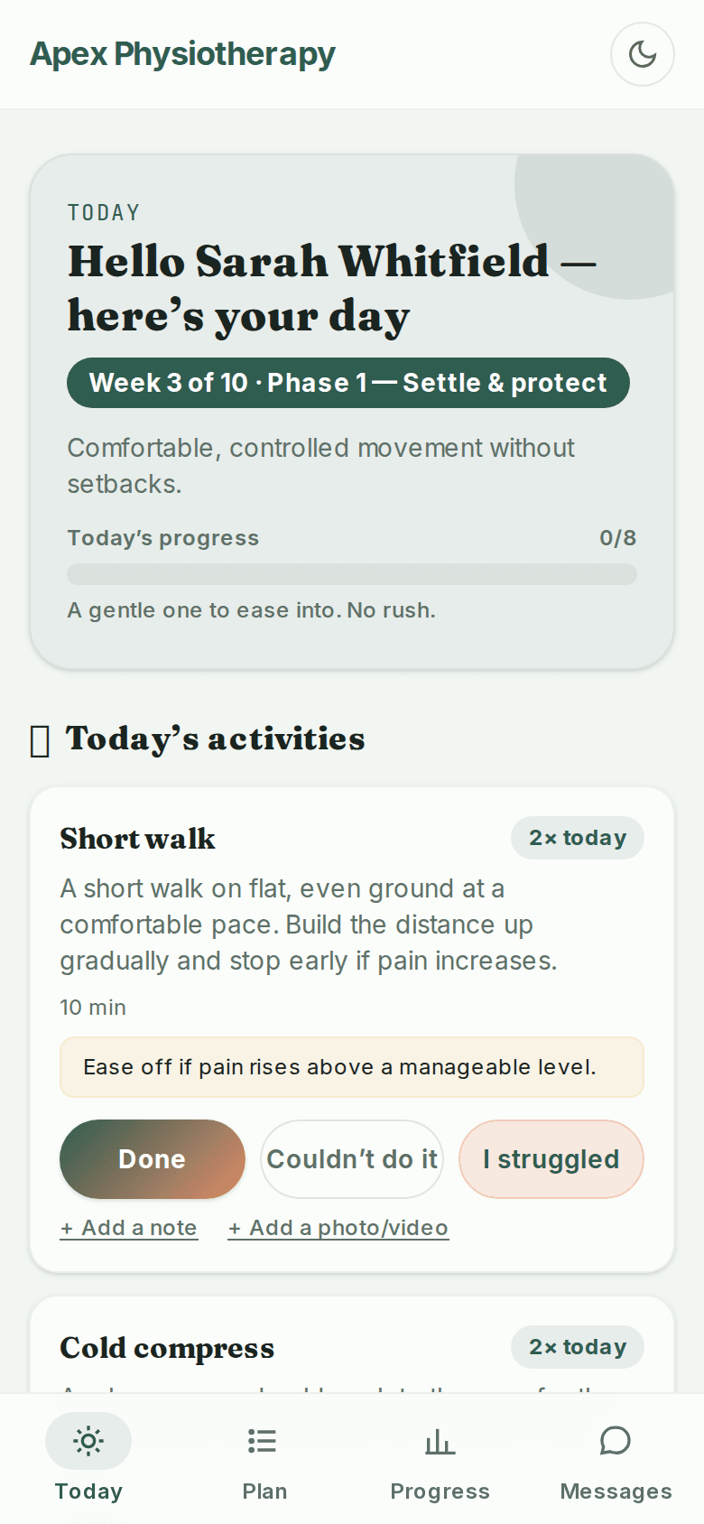 A patient’s home exercise programme shown as a calm, branded daily plan on their phone