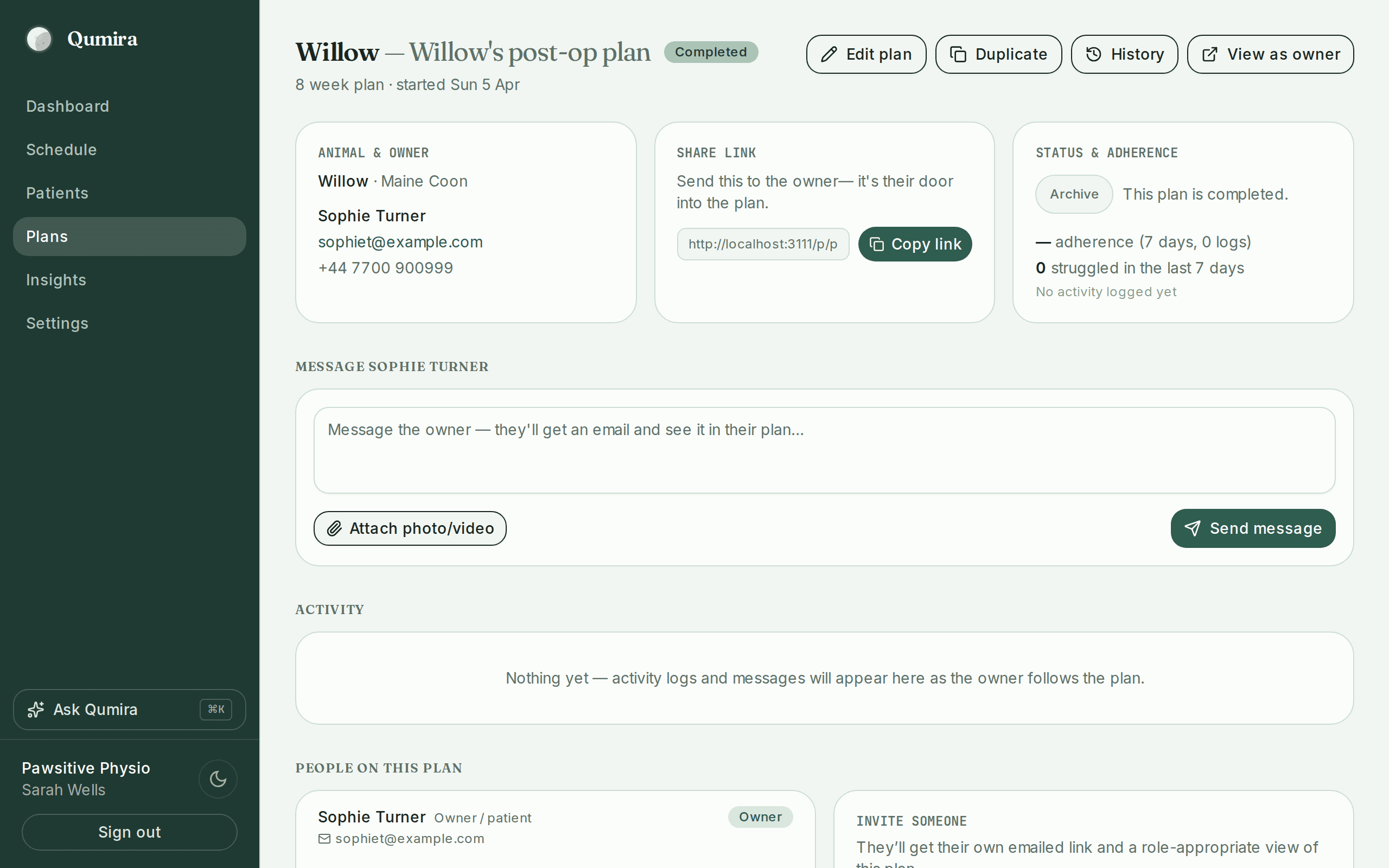 The practitioner plan monitor showing completed exercises and progress between visits