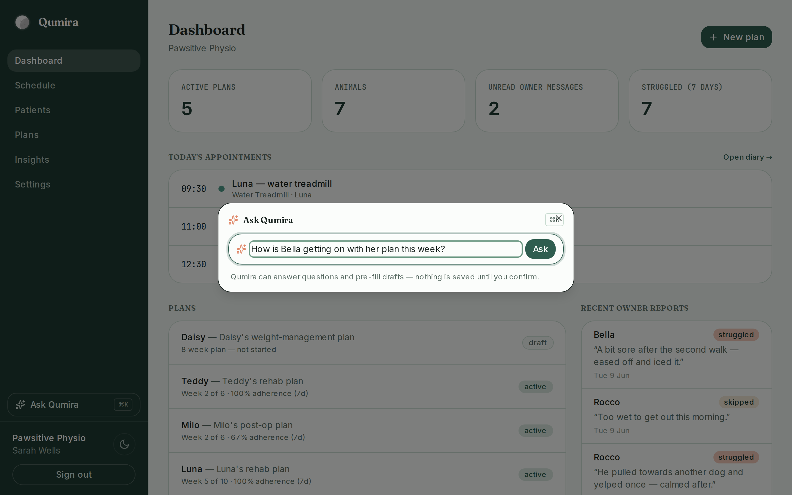 The Ask Qumira command palette answering from practice records