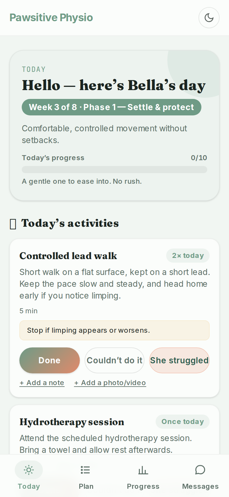 A pet owner's branded daily care plan on their phone in Qumira