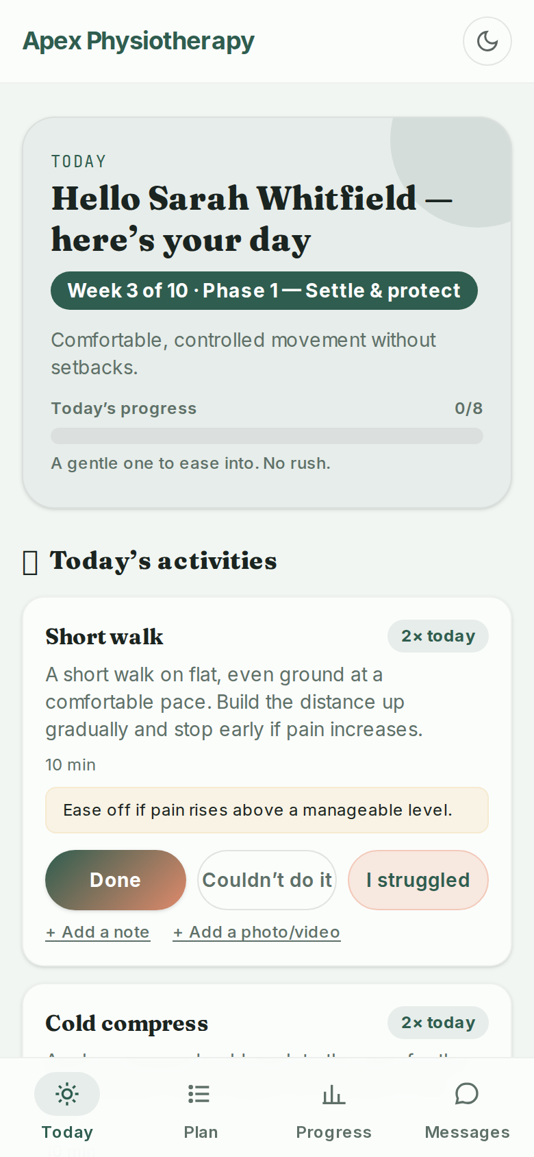 A patient's warm, branded daily plan on their phone