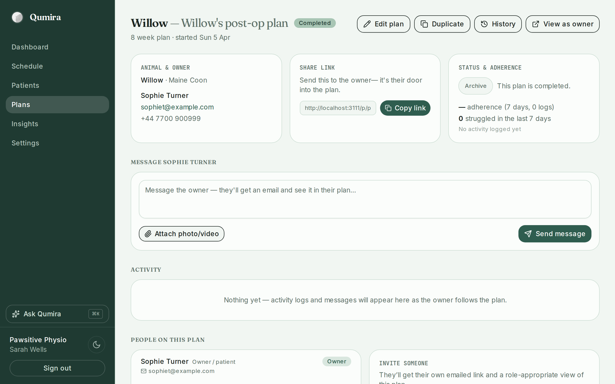 The practitioner plan monitor with owner messages and adherence